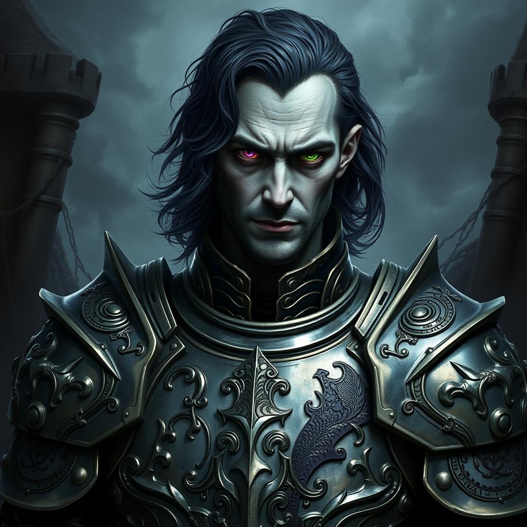 Mad Mikkelsen depicted with grey skin and shoulder-length black wavy hair