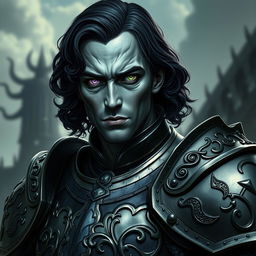 Mad Mikkelsen depicted with grey skin and shoulder-length black wavy hair