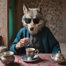 A badass wolf wearing dark sunglasses, sipping tea in a traditional Iranian setting.