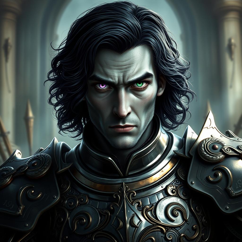 Mad Mikkelsen depicted with grey skin and shoulder-length black wavy hair