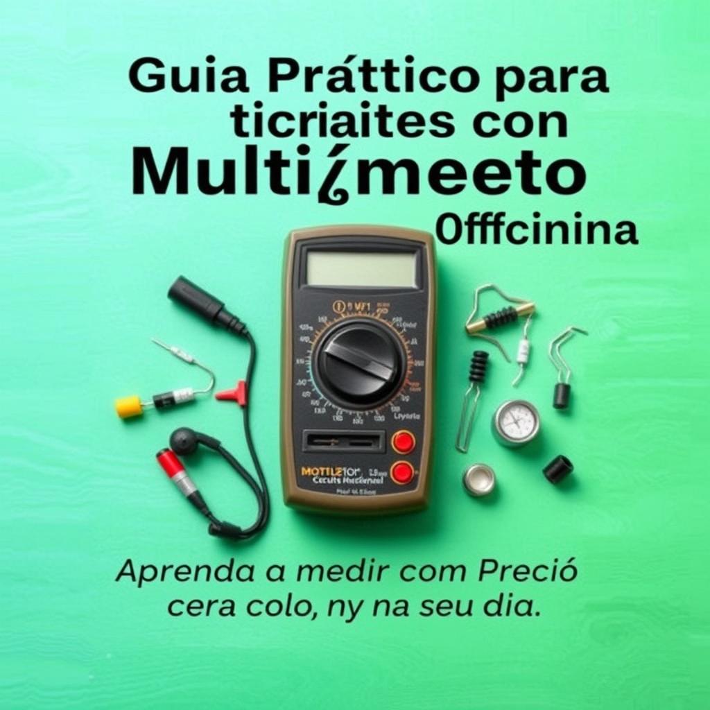 Uma capa de eBook com um multímetro exibido em destaque no centro, rodeado por componentes elétricos como resistores, capacitores e ferramentas de oficina