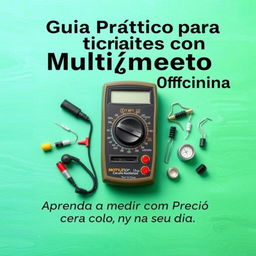 Uma capa de eBook com um multímetro exibido em destaque no centro, rodeado por componentes elétricos como resistores, capacitores e ferramentas de oficina