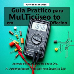 Uma capa de eBook com um multímetro exibido em destaque no centro, rodeado por componentes elétricos como resistores, capacitores e ferramentas de oficina