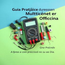 Uma capa de eBook com um multímetro exibido em destaque no centro, rodeado por componentes elétricos como resistores, capacitores e ferramentas de oficina