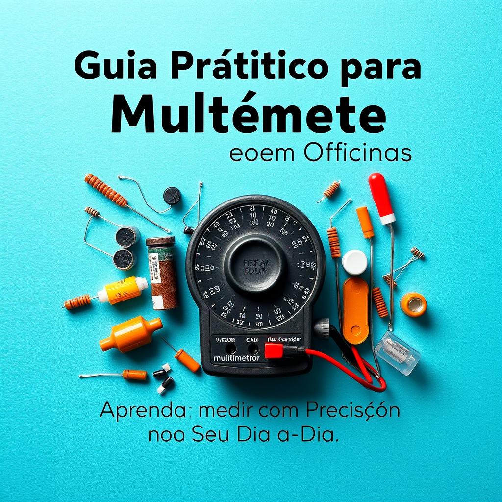 Uma capa de eBook com um multímetro exibido em destaque no centro, rodeado por componentes elétricos como resistores, capacitores e ferramentas de oficina