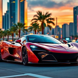 A stunning supercar with a sleek aerodynamic design, showcased in a vibrant city setting at dusk