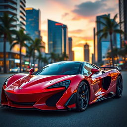 A stunning supercar with a sleek aerodynamic design, showcased in a vibrant city setting at dusk