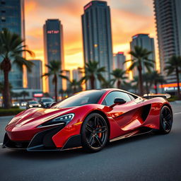 A stunning supercar with a sleek aerodynamic design, showcased in a vibrant city setting at dusk