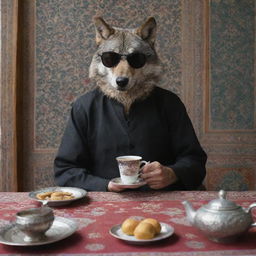 A badass wolf wearing dark sunglasses, sipping tea in a traditional Iranian setting.