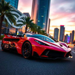 A stunning supercar with a sleek aerodynamic design, showcased in a vibrant city setting at dusk