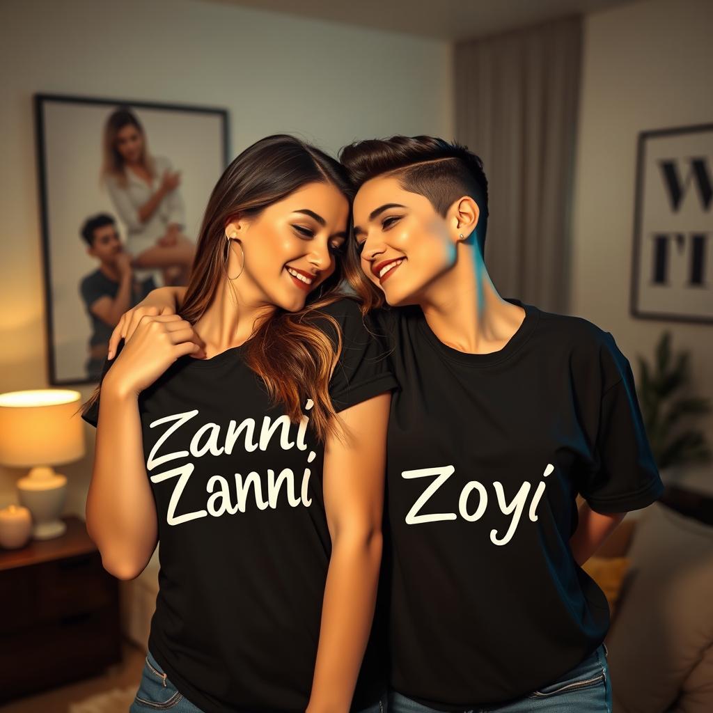 A sexy lesbian couple wearing matching black t-shirts with the names 'Zanii' and 'Zoyi' printed on them, exuding a playful and flirtatious energy