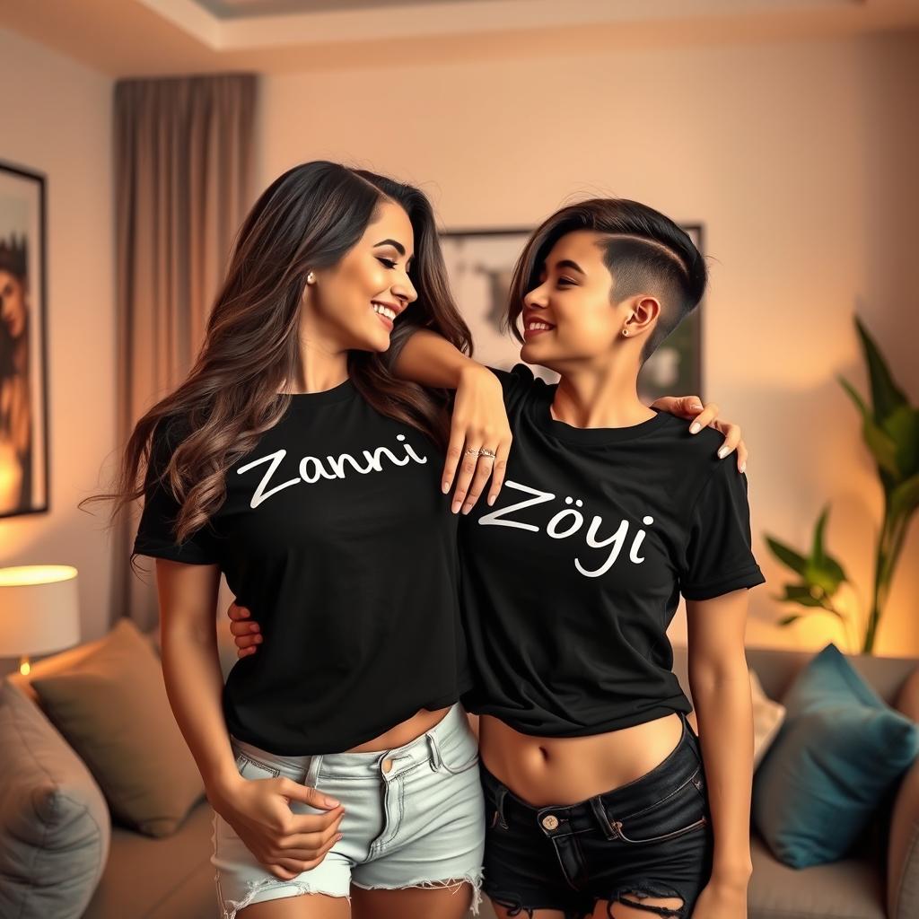 A sexy lesbian couple wearing matching black t-shirts with the names 'Zanii' and 'Zoyi' printed on them, exuding a playful and flirtatious energy