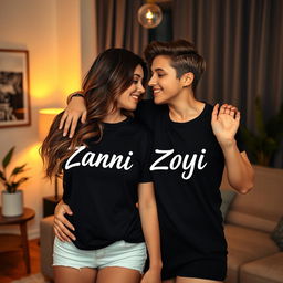 A sexy lesbian couple wearing matching black t-shirts with the names 'Zanii' and 'Zoyi' printed on them, exuding a playful and flirtatious energy