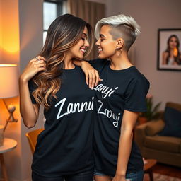 A sexy lesbian couple wearing matching black t-shirts with the names 'Zanii' and 'Zoyi' printed on them, exuding a playful and flirtatious energy