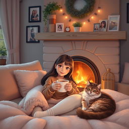 A girl sitting in her cozy home with a warm fireplace, surrounded by soft blankets and cushions