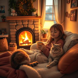 A girl sitting in her cozy home with a warm fireplace, surrounded by soft blankets and cushions