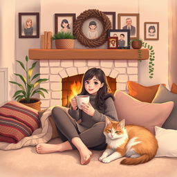 A girl sitting in her cozy home with a warm fireplace, surrounded by soft blankets and cushions