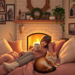 A girl sitting in her cozy home with a warm fireplace, surrounded by soft blankets and cushions