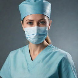 A professional female surgeon in a realistic, high-quality 4K render. She is fully adorned in a pristine, detailed doctor's outfit, complete with an operative mask.