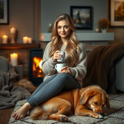 A sexy blonde woman sitting in her cozy home by a crackling fireplace, exuding warmth and charm