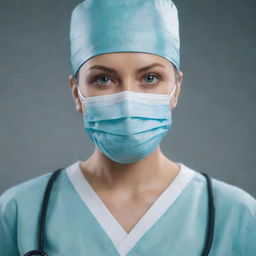 A professional female surgeon in a realistic, high-quality 4K render. She is fully adorned in a pristine, detailed doctor's outfit, complete with an operative mask.