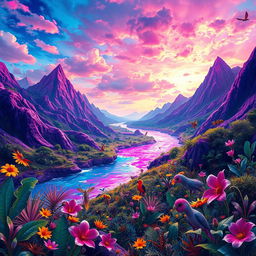 A surreal depiction of a whimsical fantasy landscape featuring a river flowing through vibrant purple mountains under a kaleidoscopic sky