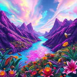 A surreal depiction of a whimsical fantasy landscape featuring a river flowing through vibrant purple mountains under a kaleidoscopic sky