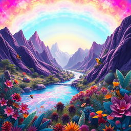 A surreal depiction of a whimsical fantasy landscape featuring a river flowing through vibrant purple mountains under a kaleidoscopic sky