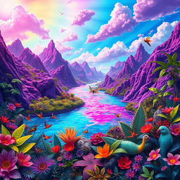 A surreal depiction of a whimsical fantasy landscape featuring a river flowing through vibrant purple mountains under a kaleidoscopic sky