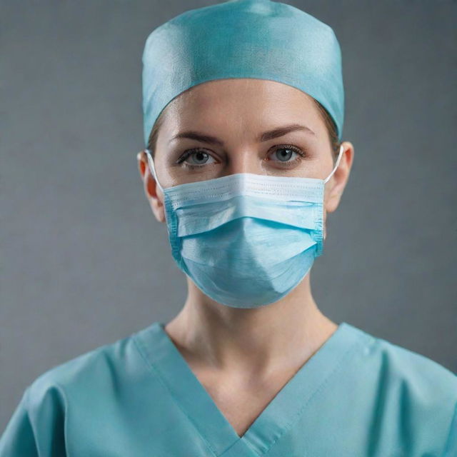 A professional female surgeon in a realistic, high-quality 4K render. She is fully adorned in a pristine, detailed doctor's outfit, complete with an operative mask.