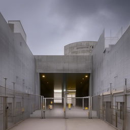 A frontal view of the entrance to a state-of-the-art maximum-security penitentiary, showcasing secured gates, advanced surveillance technology, and intimidating structural design.