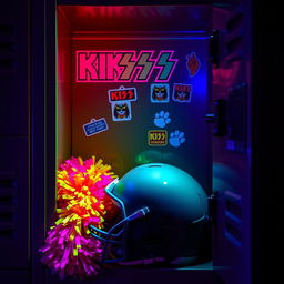 An opened high school locker filled with a football helmet resting on the bottom, colorful cheerleading pom poms next to it, and vibrant Kiss band stickers adorning the inside of the locker door