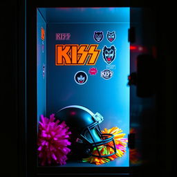 An opened high school locker filled with a football helmet resting on the bottom, colorful cheerleading pom poms next to it, and vibrant Kiss band stickers adorning the inside of the locker door