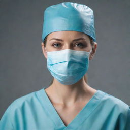 A professional female surgeon in a realistic, high-quality 4K render. She is fully adorned in a pristine, detailed doctor's outfit, complete with an operative mask.