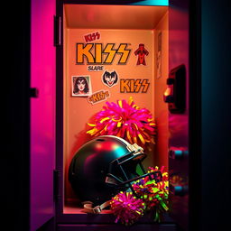 An opened high school locker filled with a football helmet resting on the bottom, colorful cheerleading pom poms next to it, and vibrant Kiss band stickers adorning the inside of the locker door