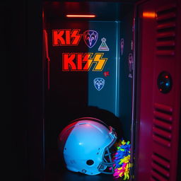 An opened high school locker filled with a football helmet resting on the bottom, colorful cheerleading pom poms next to it, and vibrant Kiss band stickers adorning the inside of the locker door