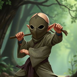 A halfling monk character wearing a mysterious mask that has only two holes for the eyes, allowing for an enigmatic expression