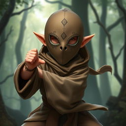 A halfling monk character wearing a mysterious mask that has only two holes for the eyes, allowing for an enigmatic expression