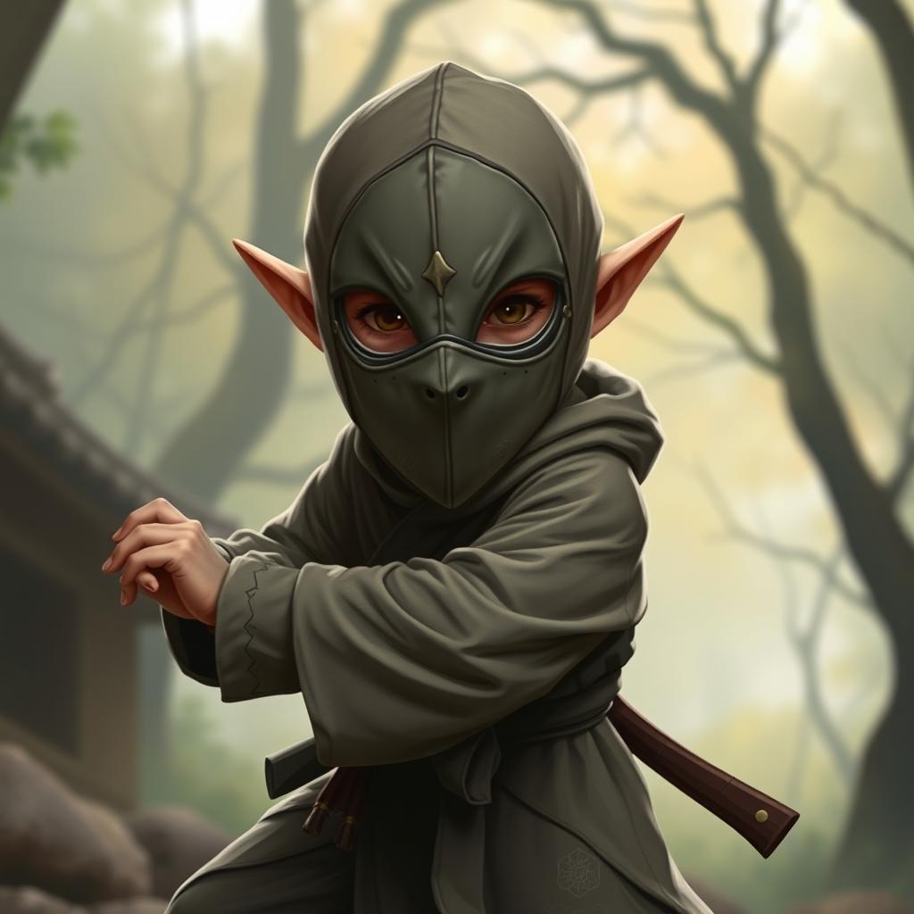 A halfling monk character wearing a mysterious mask that has only two holes for the eyes, allowing for an enigmatic expression