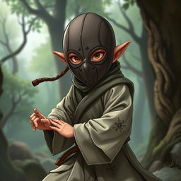 A halfling monk character wearing a mysterious mask that has only two holes for the eyes, allowing for an enigmatic expression