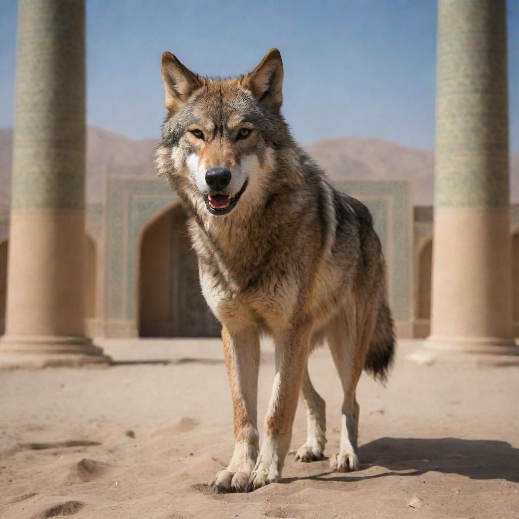 A fierce wolf acting as a bodyguard, set within the context of an Iranian landscape with traditional architectural elements in the background.