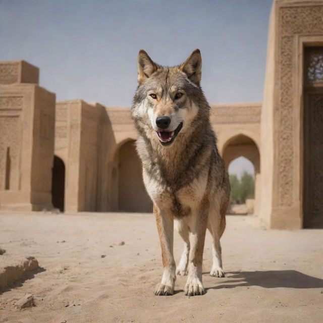 A fierce wolf acting as a bodyguard, set within the context of an Iranian landscape with traditional architectural elements in the background.