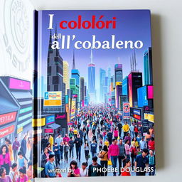 An engaging book cover depicting a bustling futuristic city filled with diverse people, showcasing a vibrant array of cultures and styles