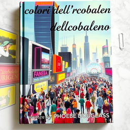 An engaging book cover depicting a bustling futuristic city filled with diverse people, showcasing a vibrant array of cultures and styles