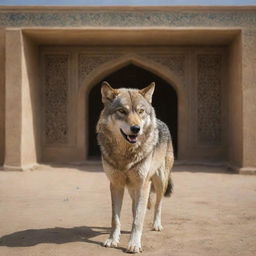 A fierce wolf acting as a bodyguard, set within the context of an Iranian landscape with traditional architectural elements in the background.