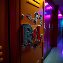 A high school locker adorned with a letter combination 'R+L' prominently displayed on the front, decorated with colorful Kiss band stickers