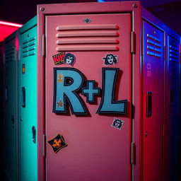 A high school locker adorned with a letter combination 'R+L' prominently displayed on the front, decorated with colorful Kiss band stickers