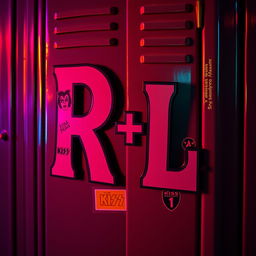 A high school locker adorned with a letter combination 'R+L' prominently displayed on the front, decorated with colorful Kiss band stickers