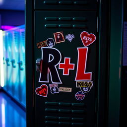 A high school locker adorned with a letter combination 'R+L' prominently displayed on the front, decorated with colorful Kiss band stickers