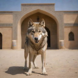 A fierce wolf acting as a bodyguard, set within the context of an Iranian landscape with traditional architectural elements in the background.